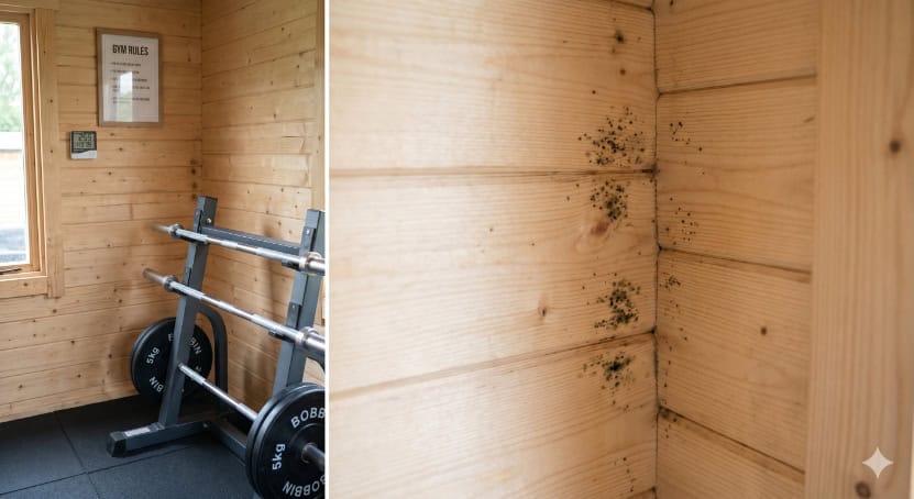 Small spots of dark mould are visible along the corner seams of the log cabin gym.