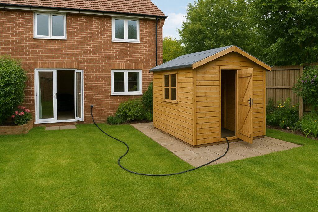 A back garden with a wooden shed. An extension cable has been run from the house to the shed.