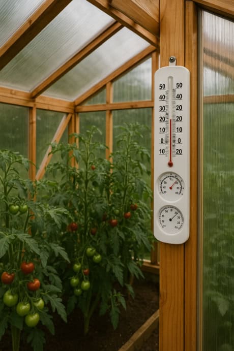 Greenhouse thermometer and hygrometer.