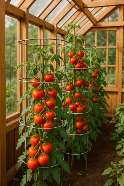 Greenhouse tomatoes grown on trellises.