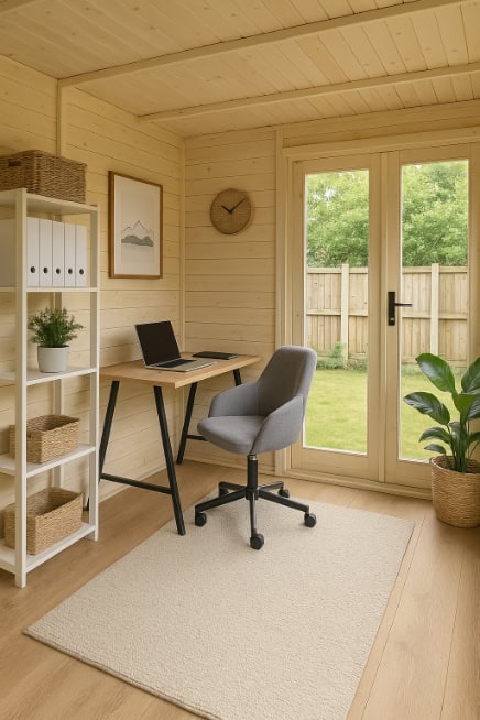 Simple workspace setup inside a summer house with a desk, laptop, office chair, and a nearby shelf.