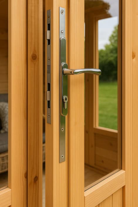 A close-up image of a summer house door fitted with a multi-point locking system.