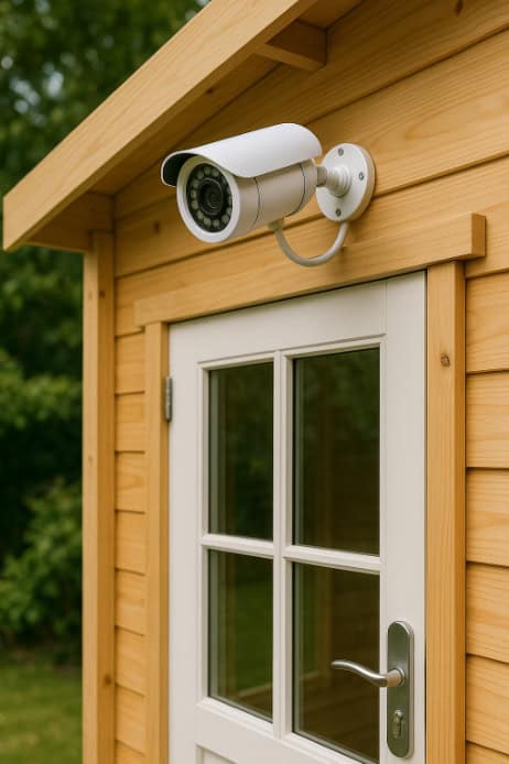 A close-up image of a summer house door fitted with a CCTV system.