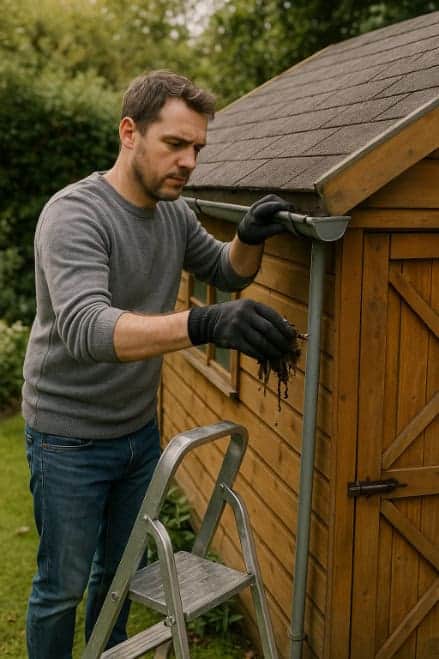 Man removing accumulated debris from the wooden shed’s gutter.