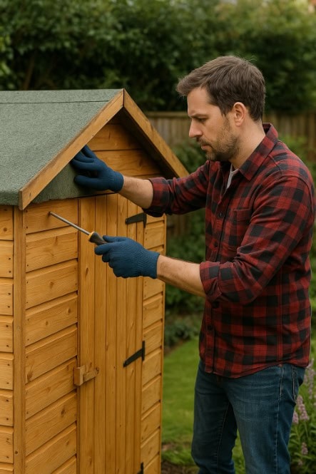 A person inspecting and repairing a wooden shed’s roof.