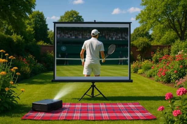 Wimbledon garden party setup with a white screen, projector, and a small seating area featuring a gingham blanket.
