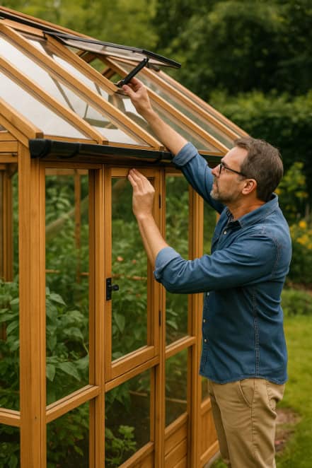 A man inspecting his wooden greenhouse.