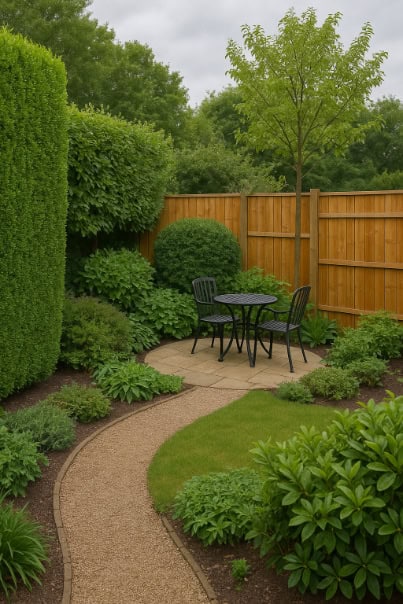 A garden with wind barriers in place, including tall hedges, dense shrubs, and small trees along one side.