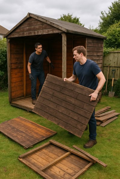 Two men dismantling a worn wooden storage building for a shed disposal.