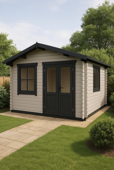 Garden log cabin painted off-white on the walls, with charcoal trim around the windows, doors, and roofline.