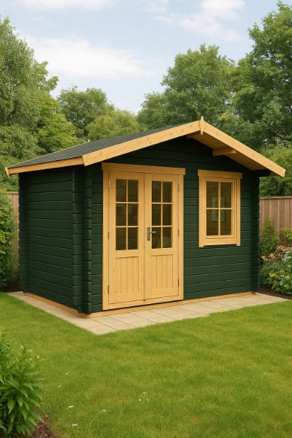 Garden log cabin painted forest green on the walls, with clear-stainedtrim around the windows, doors, and roofline.
