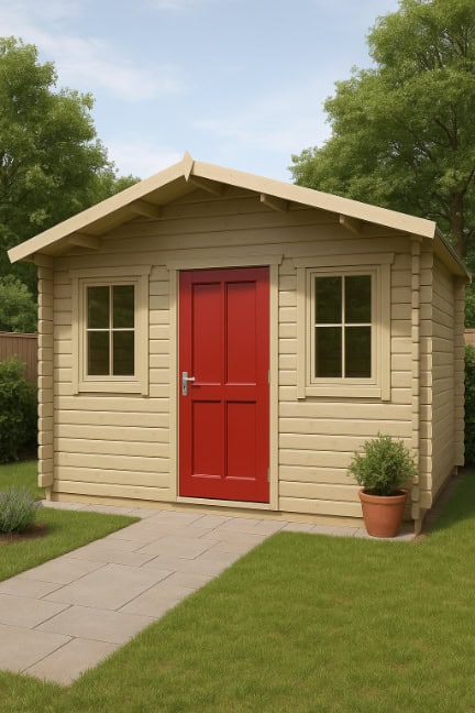 Garden log cabin painted taupe on the walls, with a bold red door.