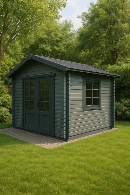 Log cabin painted in a single muted green colour scheme.