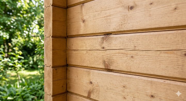 Close-up of a garden log cabin wall showing natural timber movement.
