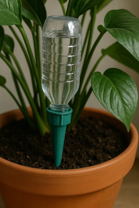 A potted houseplant with a self-watering spike using a plastic bottle.