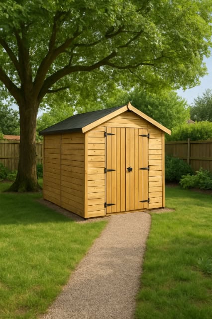 A wooden shed positioned under a garden tree