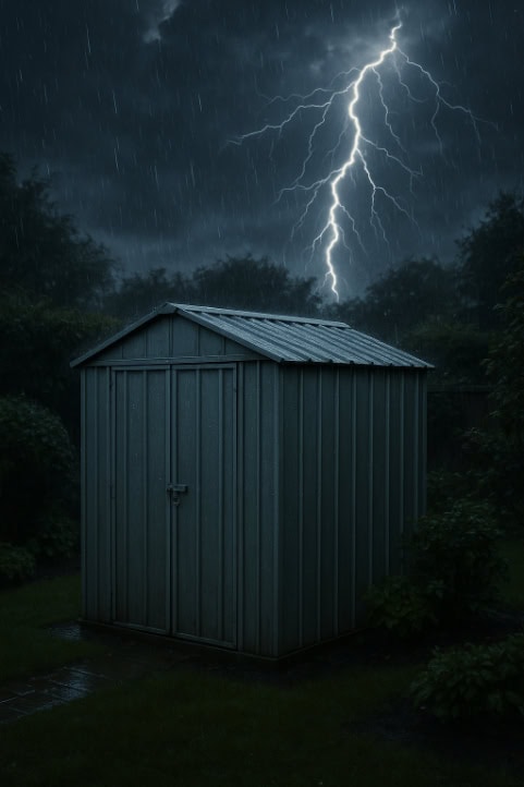A metal garden shed in the rain with lightning in the sky.