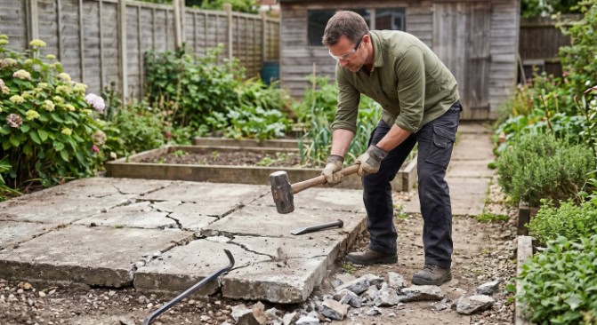 A person in a garden, wearing safety glasses and gloves, uses a sledgehammer to break apart a large concrete slab base.