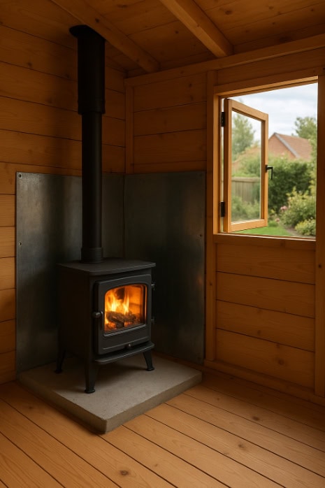 Wood burner set up in the corner of a wooden shed, sitting on a concrete base.
