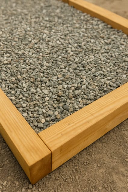 Wooden frame filled with gravel for a shed foundation.
