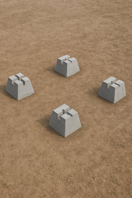 Four concrete deck blocks placed on bare ground for a shed foundation.