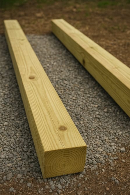 Two treated timber beams laid on gravel for a shed foundation.