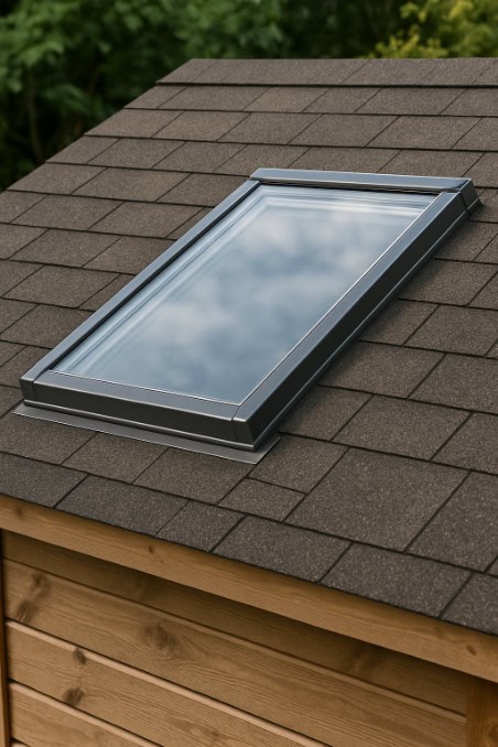 Rectangular skylight on a shingled wooden shed roof.