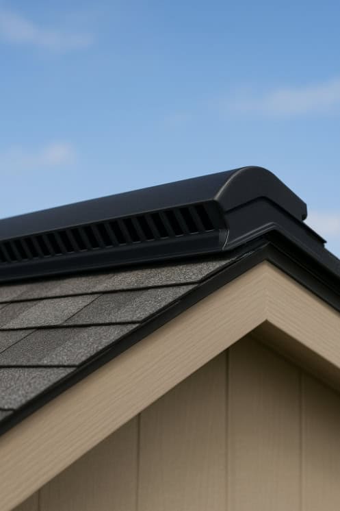 A small ridge vent running along the peak of a shed’s roof.
