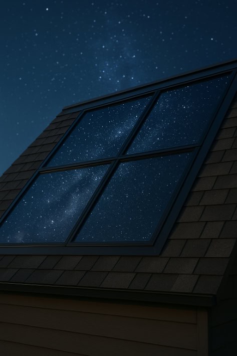 Shed roof window reflecting a starry night sky.