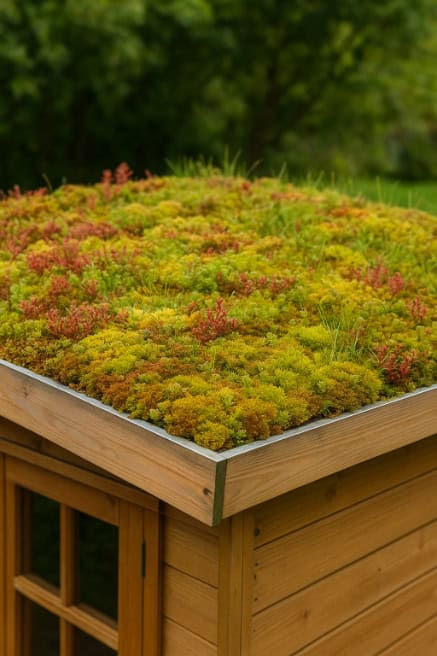Wooden shed green roof.