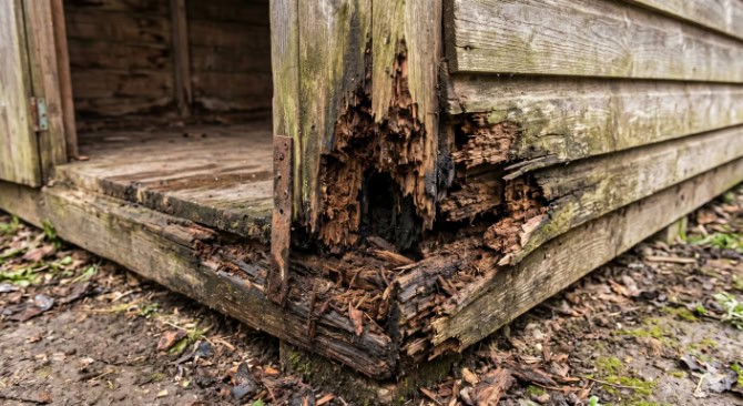 A close-up view of a severely rotted wooden shed corner and floor frame resting on damp soil.