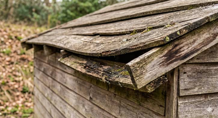 A close-up view of broken, weathered wooden planks on the edge of a shed roof.