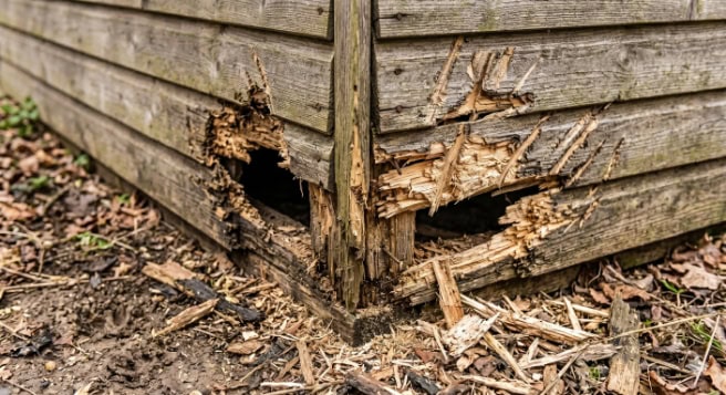 A close-up of a severely damaged and rotted wooden shed corner with splintered wood and a hole.