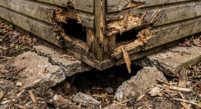 A severely damaged, rotting wooden shed corner structure is shown completely broken and partially detached from a failing concrete foundation and muddy ground.