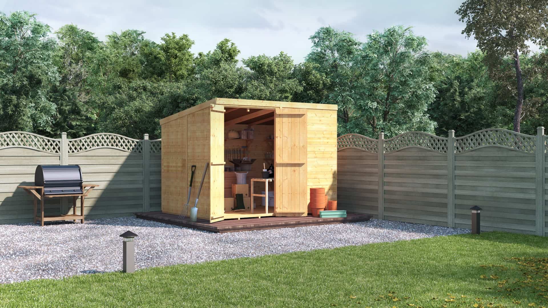 opened-doored Windowless pent tongue and groove timber shed on gravel against a fence boundary backed by trees
