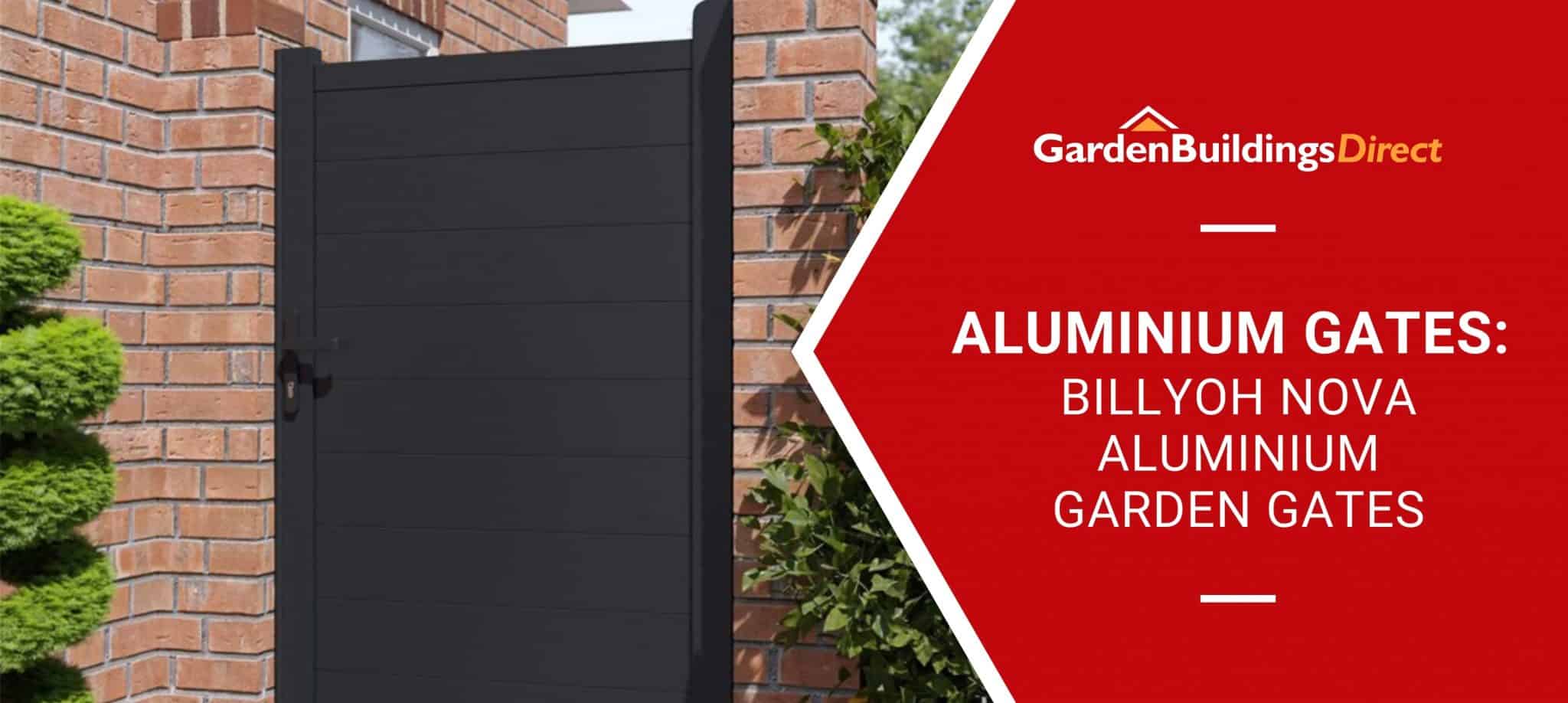 BillyOh Nova full privacy garden gate in black aluminium with Garden Buildings Direct logo and banner
