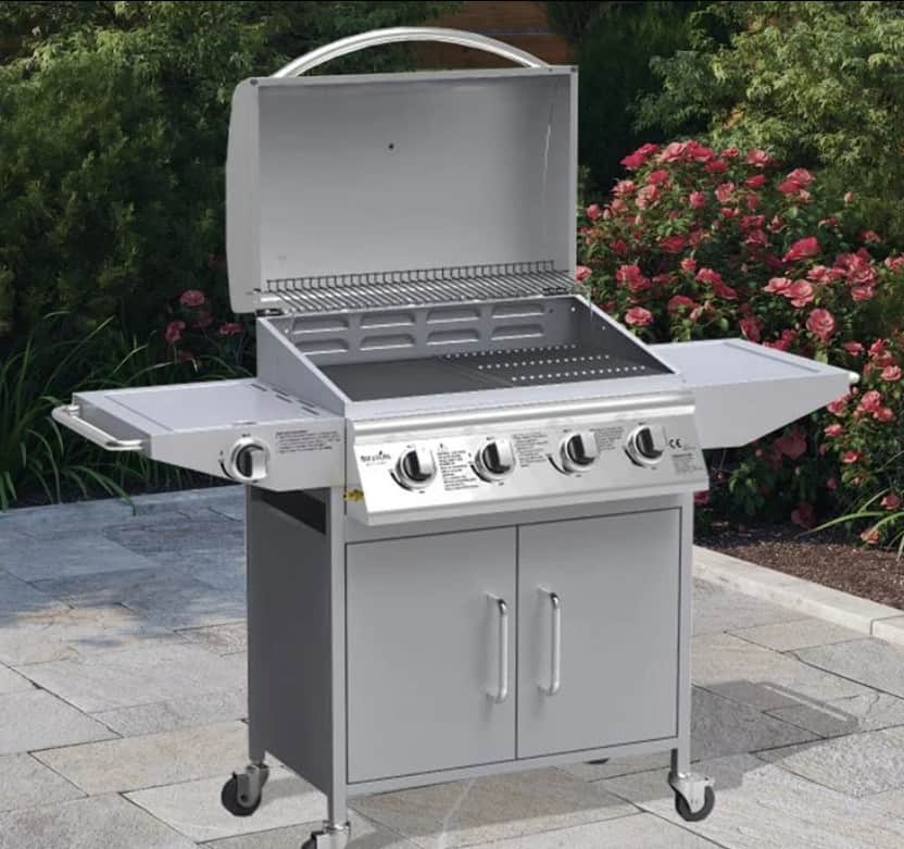 BillyOh Huntsville Silver 4 Burner Gas BBQ Grill with Side Burner & Side Table Includes Cover & Regulator