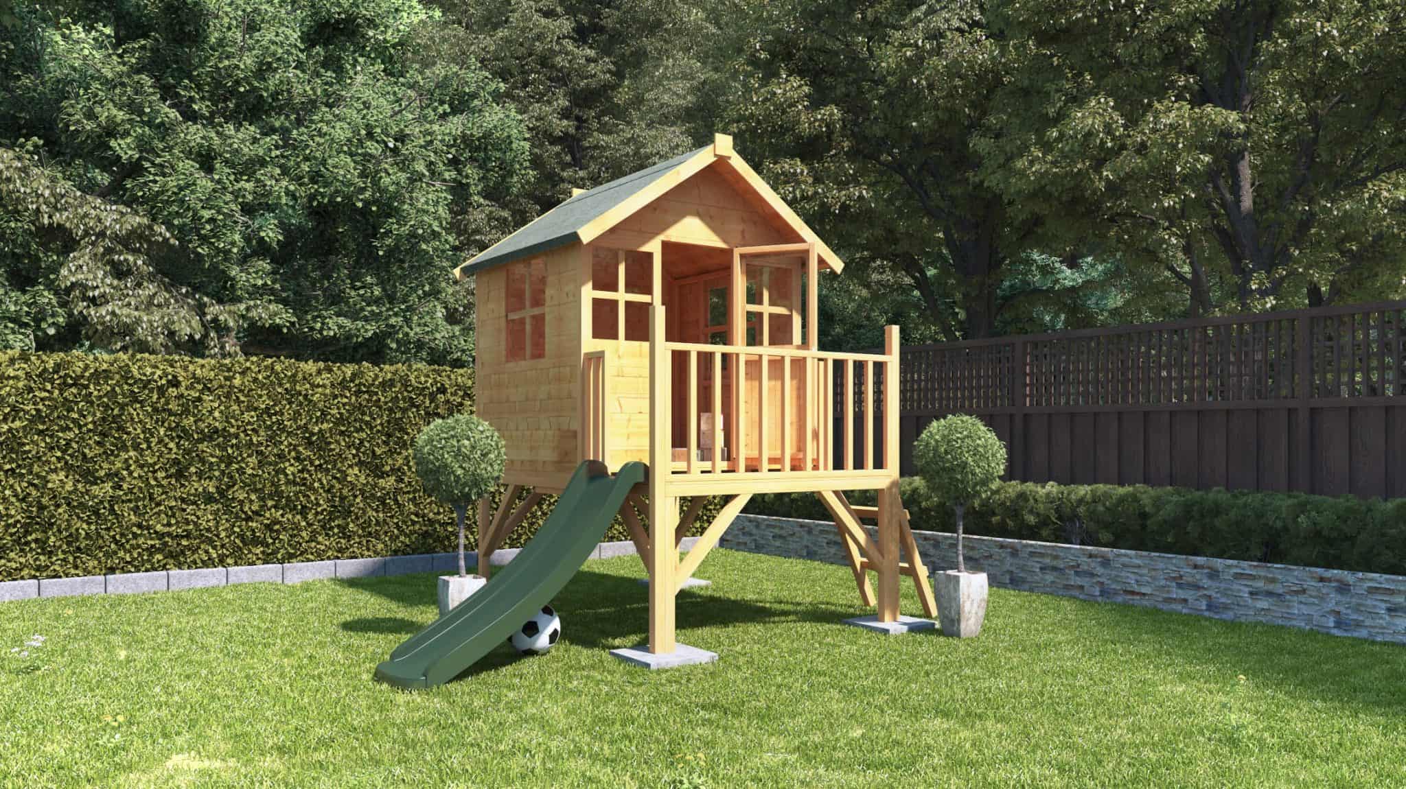 BillyOh Bunny Max Tower timber tongue and groove playhouse with slide on grass