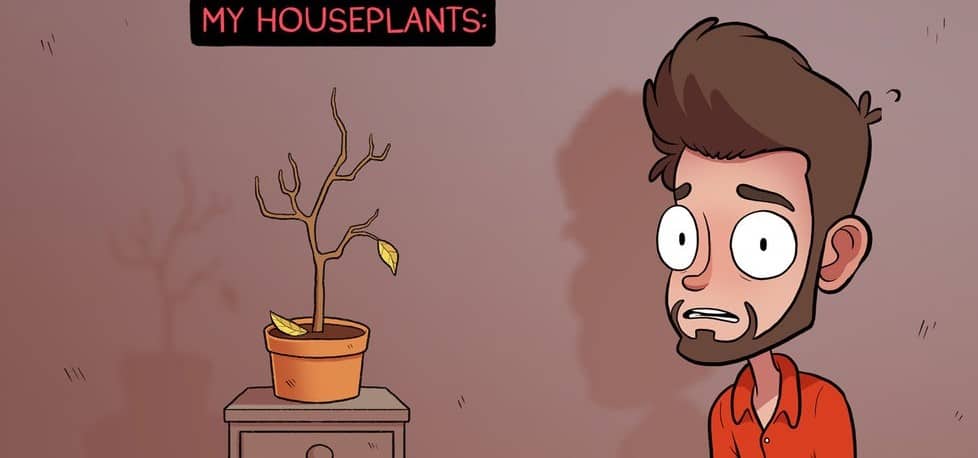 Dejected man with houseplants cartoon2