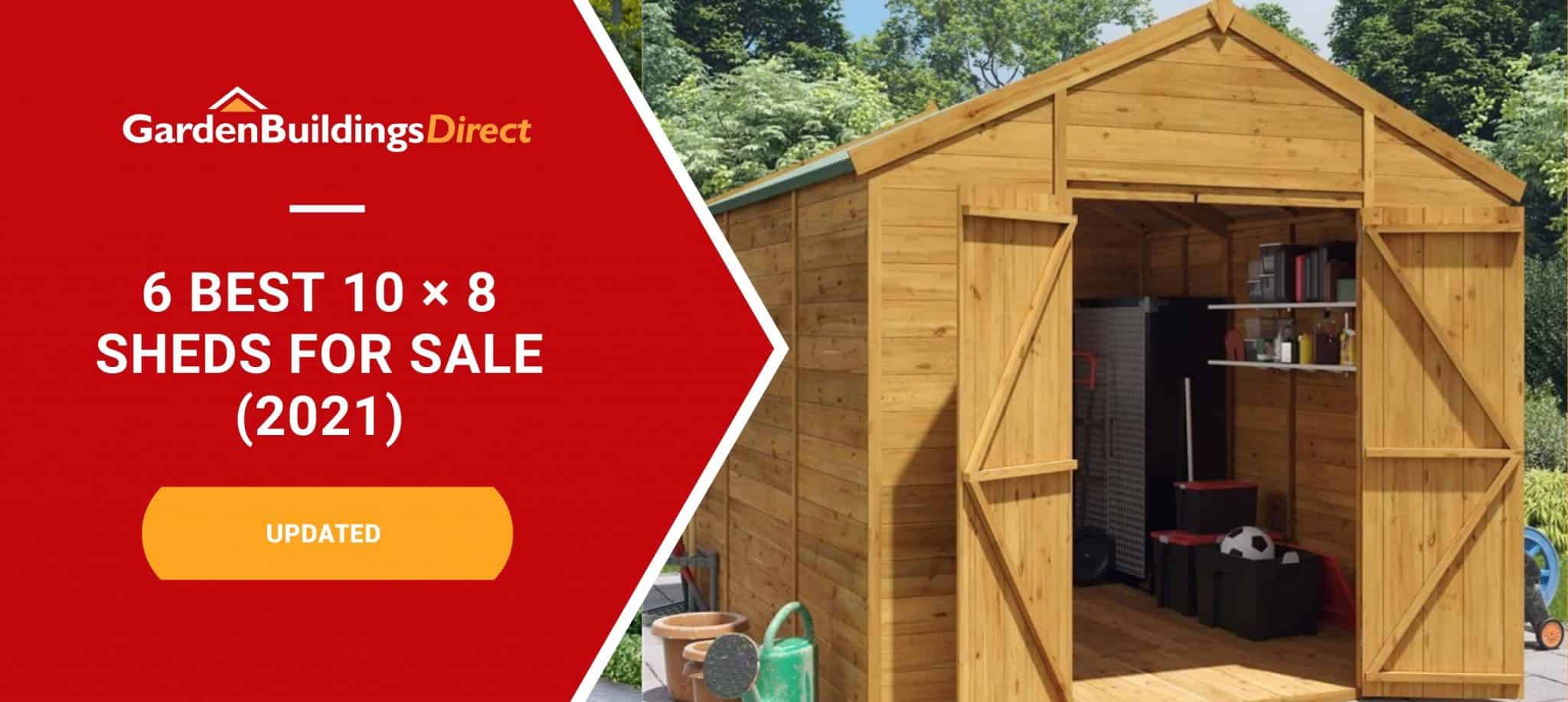 6 best 20 x 8 sheds with a wooden apex roof shed and garden buildings direct logo on a red arrow banner