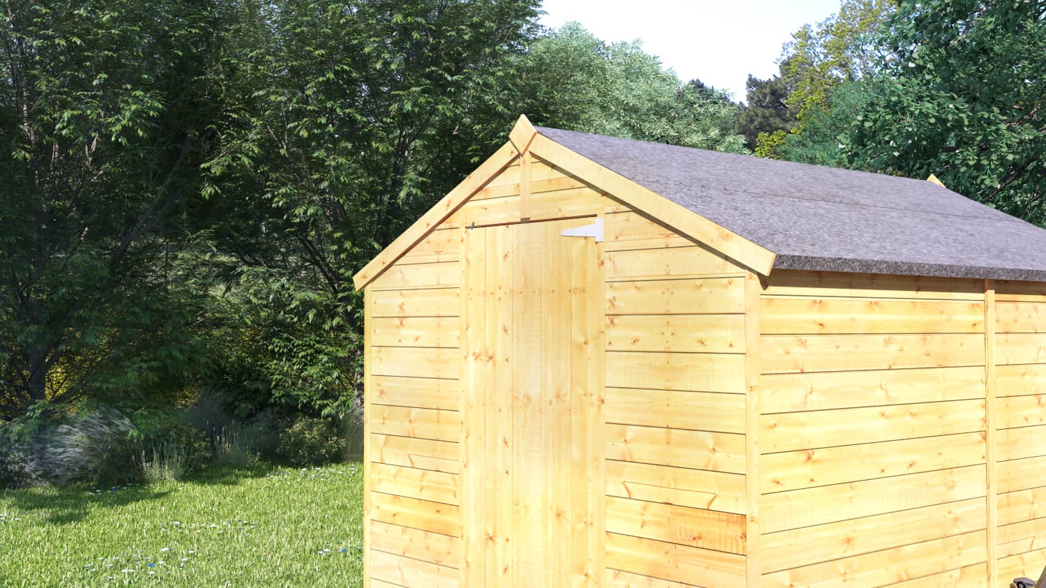 pent roof wooden timber shed with felt shingle roof