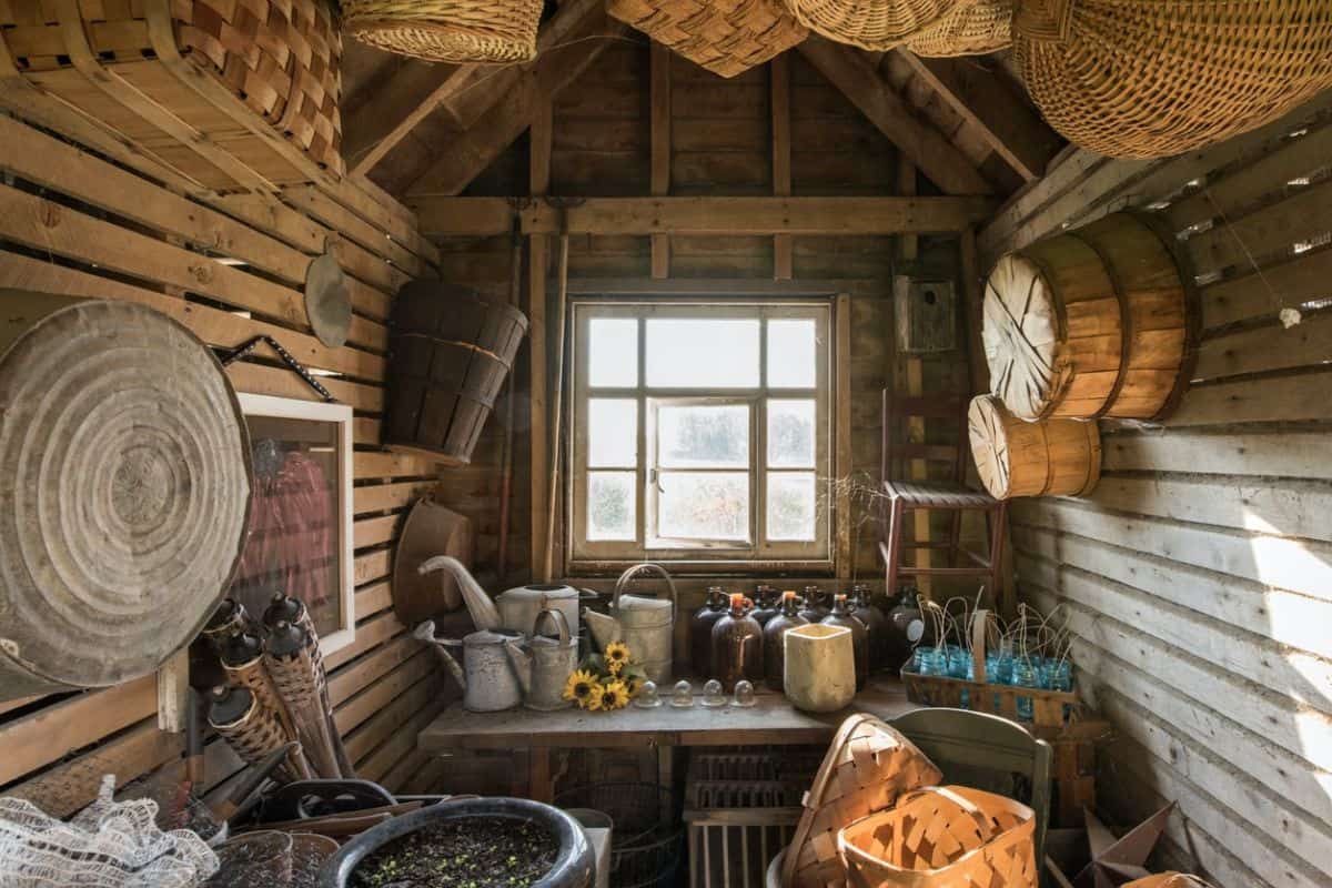 log cabin interior facing a window at the far end with sunlight coming to a room with woven baskets hanging from the walls and ceiling
