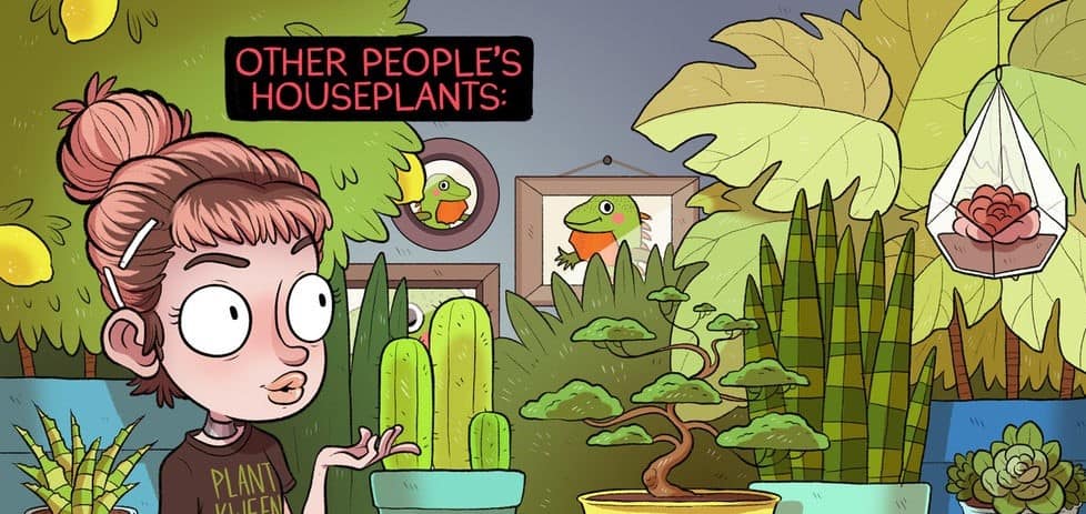 woman with houseplants cartoon